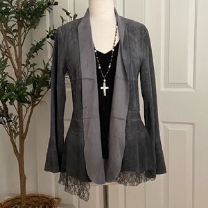 Gray Faux Suede Cardigan with Asymmetrical Lace Accents + Hem